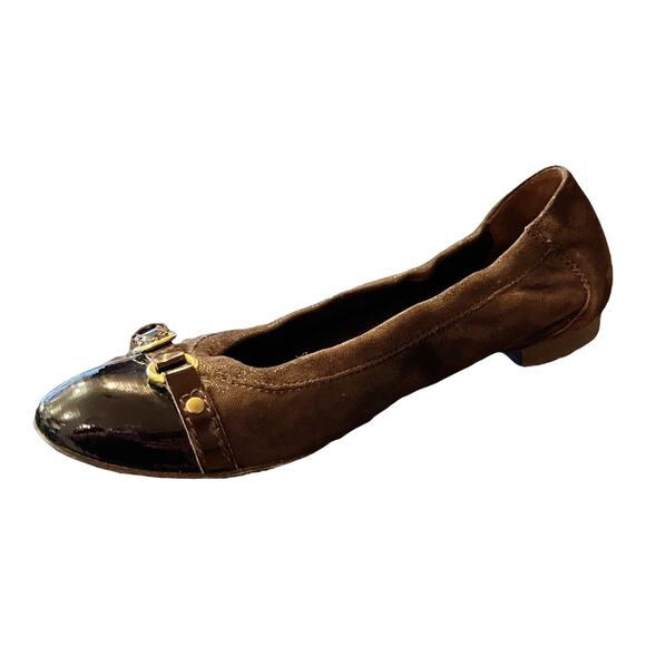 AGL Ballet Flats Brown Monika Cap Toe Suede Patent Leather Shoes Buckle 36 EUC - Picture 2 of 11
